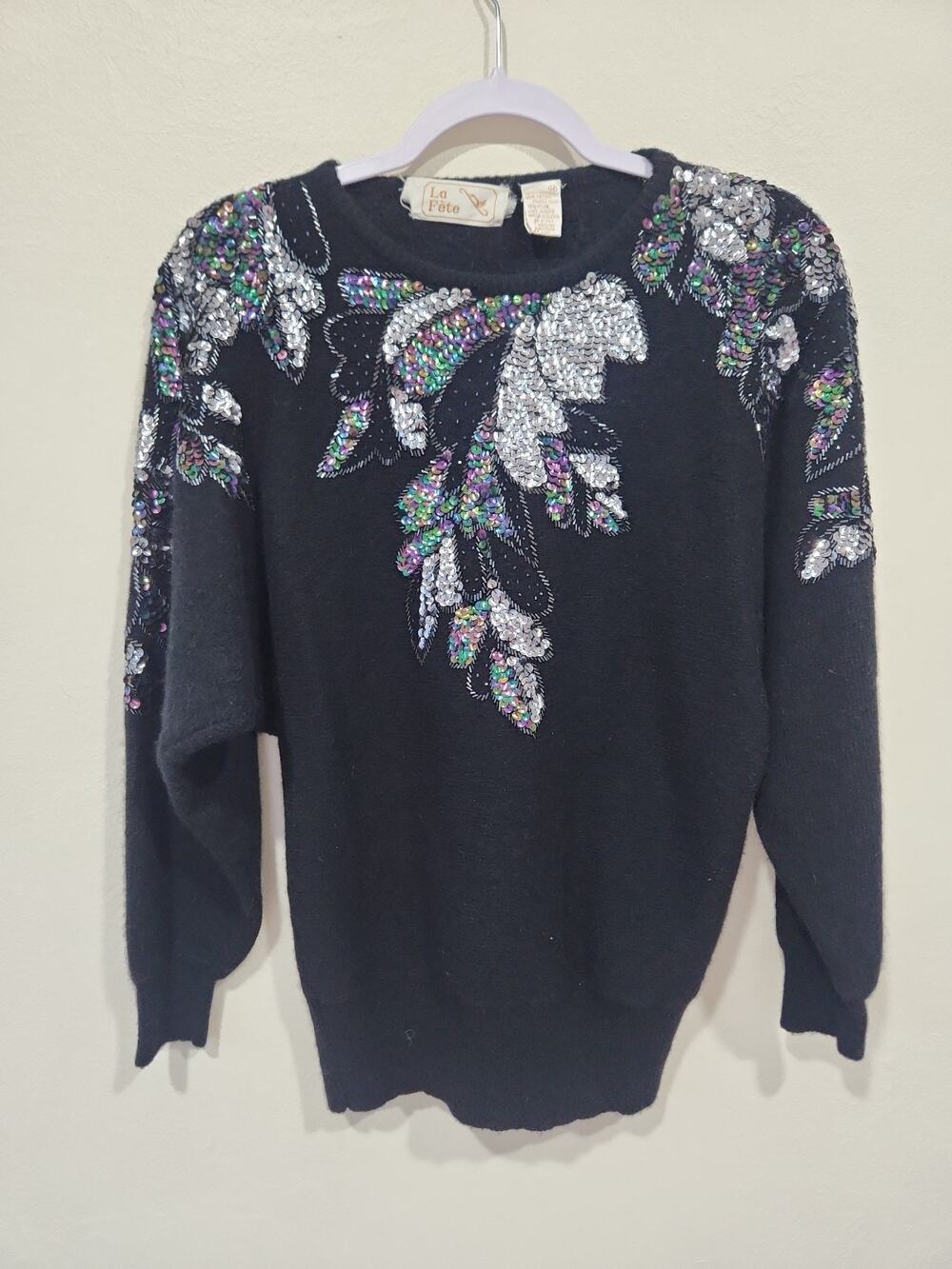 La Fete Vintage Lambswool Black Beaded/Sequined/Angora Sweater Medium 80s